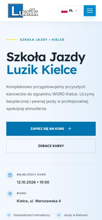 Nowa strona Szkoły Jazdy Luzik Kielce — widok mobilny