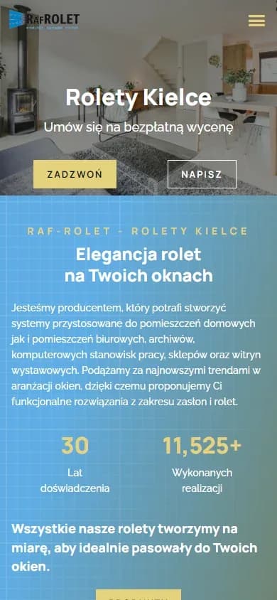 Raf-Rolet — strona z kategoriami rolet i zdjęciami wnętrz — widok mobilny